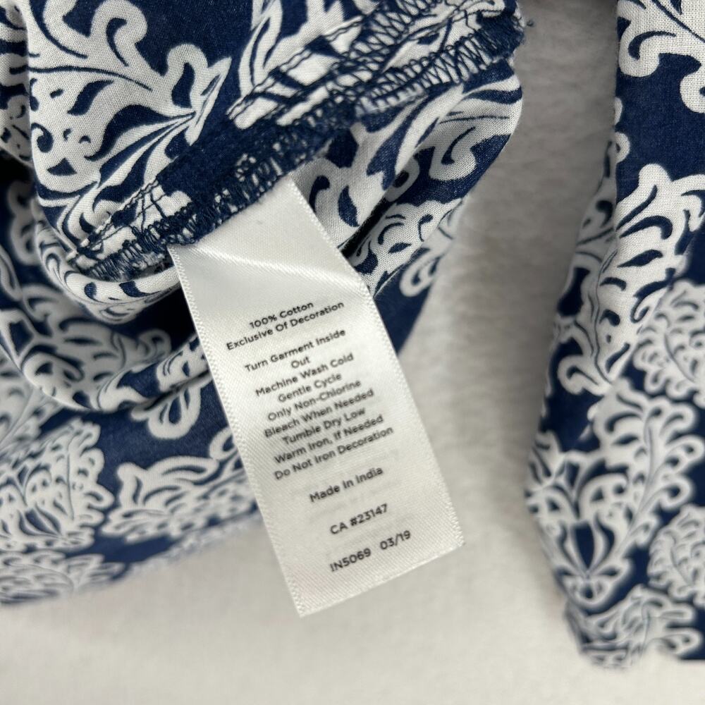 TALBOTS Top M Lace Bib Tunic Medallion Print Split Neck 3/4 Sleeve Cotton Blue - Picture 7 of 10